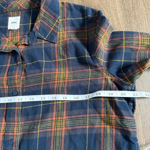 Vans Flannel Shirt Womens XL Navy Blue Orange Plaid Cropped Long Sleeve - Picture 5 of 8